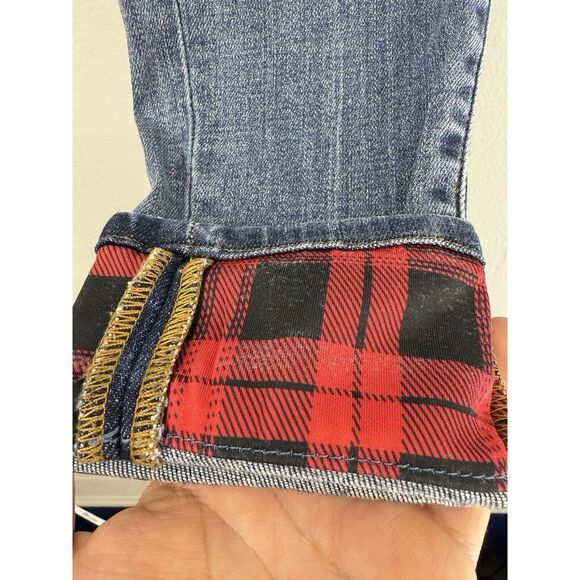 Judy Blue Skinny Fit Jeans 9/29 Distressed Buffalo Plaid Patched Flip‎ Cuffs - Picture 2 of 13